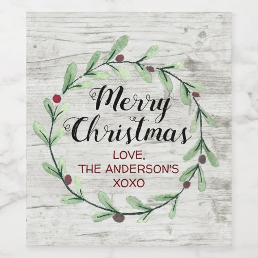 Modern Watercolor Holly Wreath Weihnachten Weinetikett (Einzelnes Label)