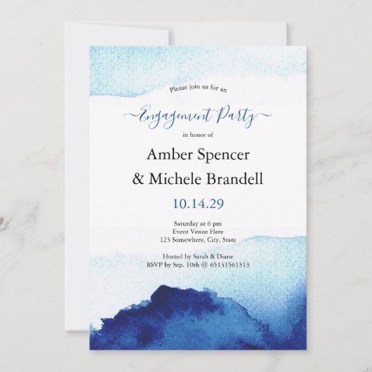 Modern Watercolor Indigo Blue Engagement Party Einladung (Vorderseite)