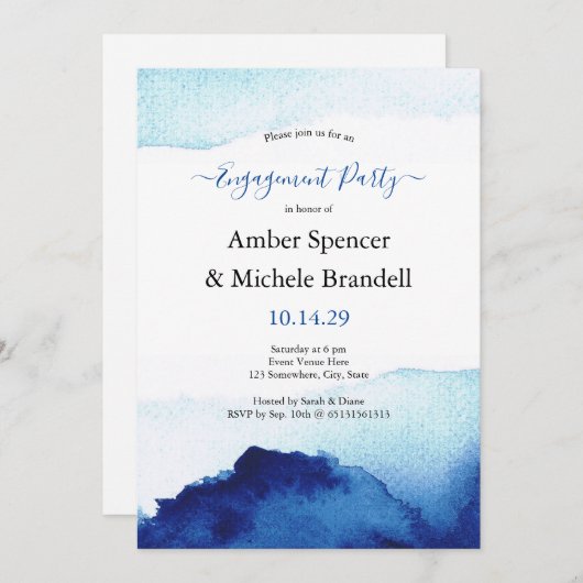 Modern Watercolor Indigo Blue Engagement Party Einladung (Vorne/Hinten)