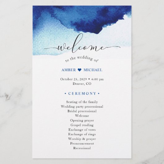 Modern Watercolor Indigo Blue Wedding Program (Vorderseite)