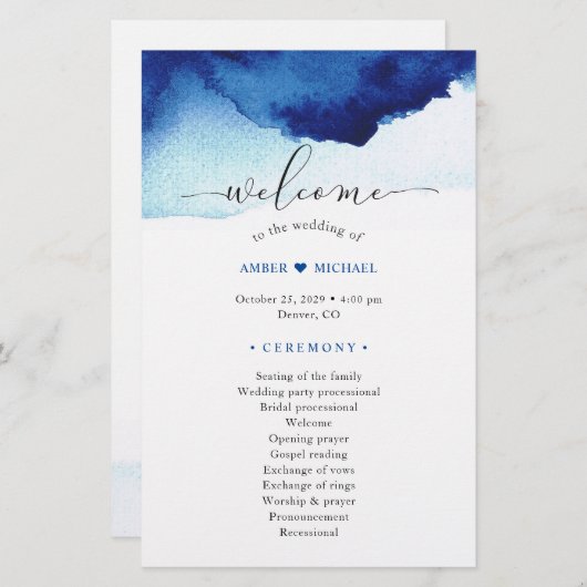 Modern Watercolor Indigo Blue Wedding Program (Vorne/Hinten)