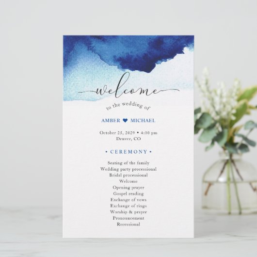 Modern Watercolor Indigo Blue Wedding Program (Stehend Vorderseite)