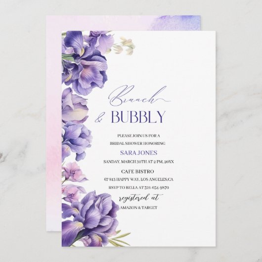 Modern Watercolor Iris Lilac Brautparty Brunch Einladung (Vorne/Hinten)
