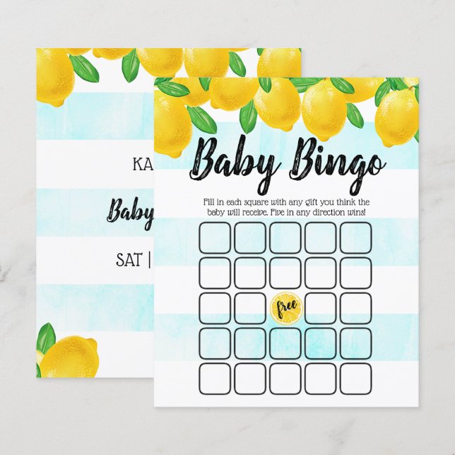 Modern Watercolor Lemon Tree Baby Dusche Bingo (Vorne/Hinten)