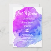 Modern Watercolor Lila Blue Star BAT MITZVAH Einladung (Vorderseite)