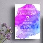 Modern Watercolor Lila Blue Star BAT MITZVAH Einladung<br><div class="desc">Schöne religiöse jüdische Bat Mitzvah Einladungskarten. Helle Aquarellpastellfarben lila,  violett,  blau,  türkisblau mit David-Stern in Weiß. Moderne Drehbücher. 'Wird an die TORAH als Bar Mitzvah gerufen'. Perfekt für 12-jährige Tochter,  Mädchen. Einfach zu bearbeiten - einfach Ihre Informationen / Text hinzufügen.</div>
