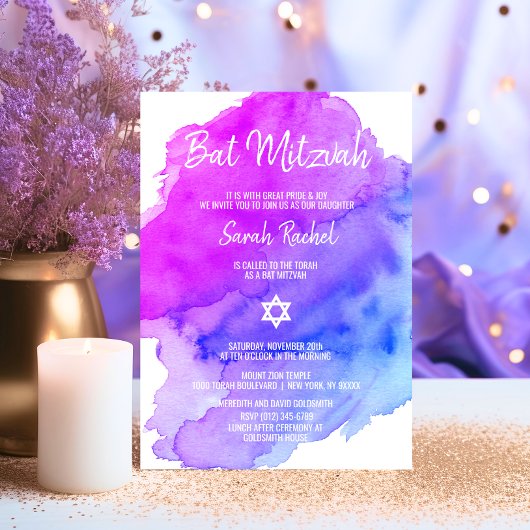 Modern Watercolor Lila Blue Star BAT MITZVAH Einladung