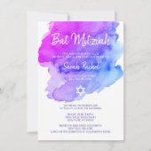 Modern Watercolor Lila Blue Star BAT MITZVAH Einladung (Vorderseite)