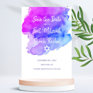 Modern Watercolor Lila Blue Star BAT MITZVAH Save The Date
