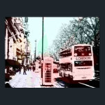 Modern Watercolor London Street Scene Pop Art Poster<br><div class="desc">Eine coole farbenfrohe Aquarellkunst-Adaption eines Fotos,  das eine alltägliche Straßenszene in der Stadt London England Großbritannien zeigt. Das Foto ist mit einer ikonischen Telefonbox und Doppeldeckerbus ausgestattet. Die Farben sind in sanften Pastelltönen Blau,  Grün,  Orange,  Gelb,  Rosa und Rot gehalten.</div>