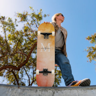 Modern Watercolor Monogram Script Skateboard