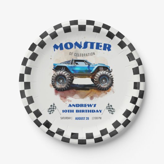 Modern Watercolor Monster Truck Blue Boy Birthday Pappteller (Vorderseite)