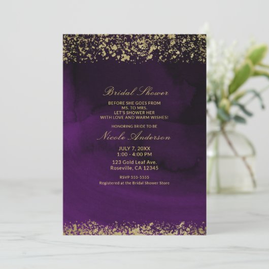 Modern Watercolor Moody Lila Gold Brautparty Einladung (Stehend Vorderseite)