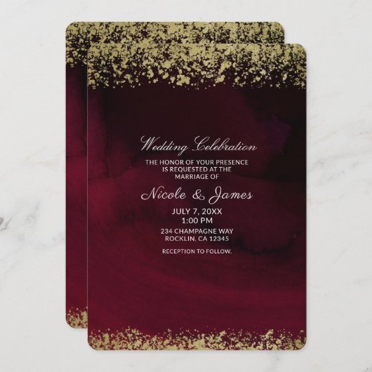 Modern Watercolor Moody Maroon & Gold Wedding Einladung (Vorne/Hinten)