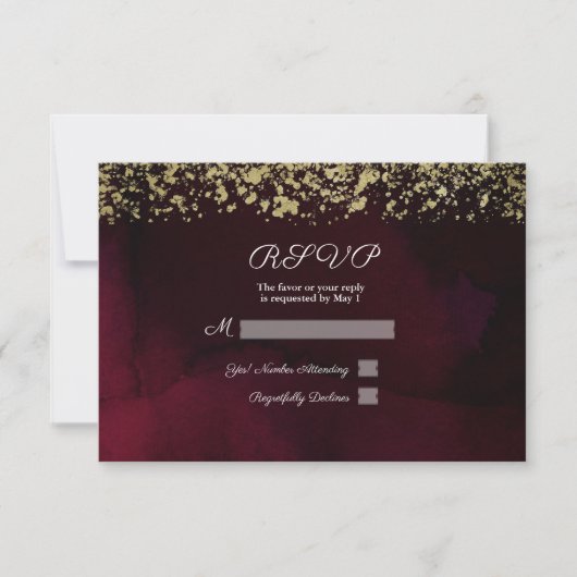 Modern Watercolor Moody Maroon & Gold Wedding RSVP (Vorderseite)