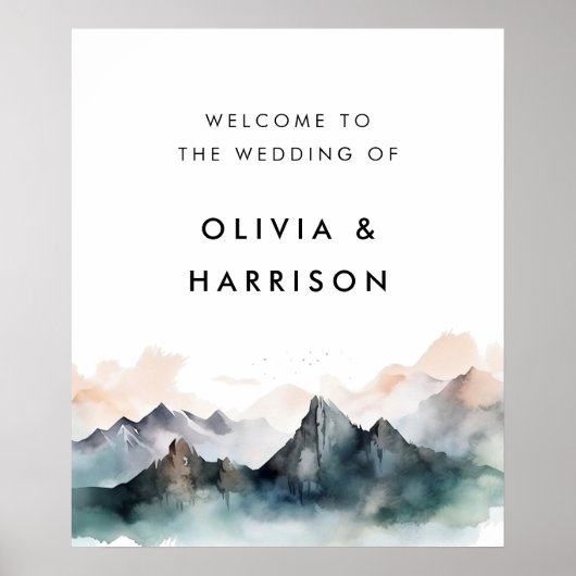 Modern Watercolor Mountain Landscape Wedding Poster (Vorne)