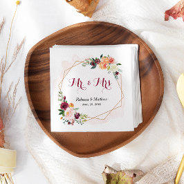 Modern Watercolor Pink Floral Mr. and Mrs. Wedding Serviette