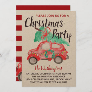 Modern Watercolor Red Car Truck Weihnachtsfest Par Einladung