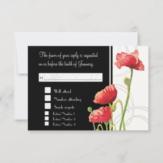 Modern Watercolor Red Poppy Poppies Wirbel Black RSVP Karte (Vorderseite)