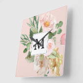 Modern Watercolor Rosa Blume Mit Monogramm  Quadratische Wanduhr (Winkel)
