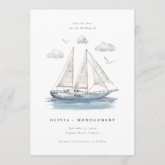 Modern Watercolor Sailing Yacht Save the Date  Einladung (Vorderseite)