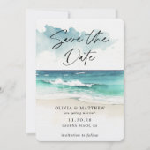 Modern Watercolor Script Ocean Beach QR Code Save The Date (Vorderseite)