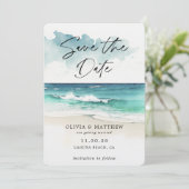 Modern Watercolor Script Ocean Beach QR Code Save The Date (Stehend Vorderseite)
