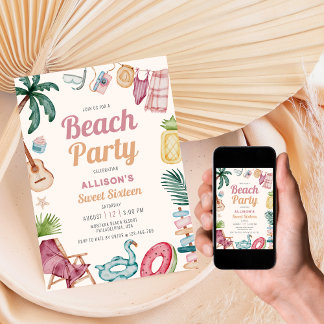 Modern Watercolor Summer Beach 16 . Geburtstag Einladung