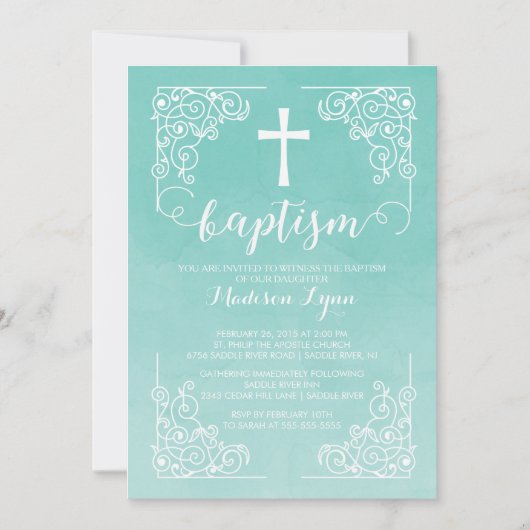 Modern Watercolor Taufe Christening Cross Einladung (Vorderseite)