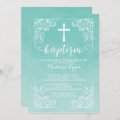 Modern Watercolor Taufe Christening Cross Einladung (Vorne/Hinten)