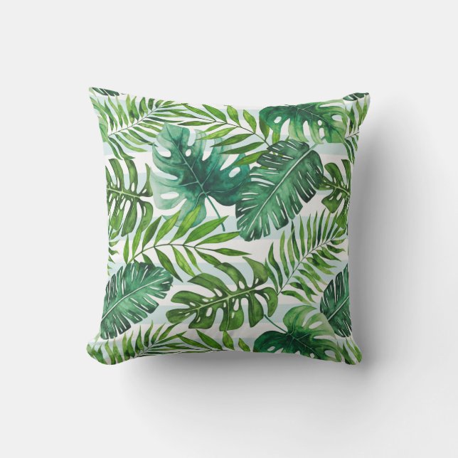Modern Watercolor Tropical Blätter Green Kissen (Vorderseite)