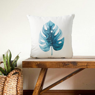 Modern Watercolor Tropical Blue Monstero Leaf Kissen