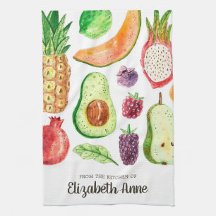 Modern Watercolor Tropical Fruits Food Script Name Geschirrtuch