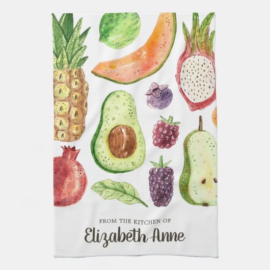 Modern Watercolor Tropical Fruits Food Script Name Geschirrtuch (Vertikal)