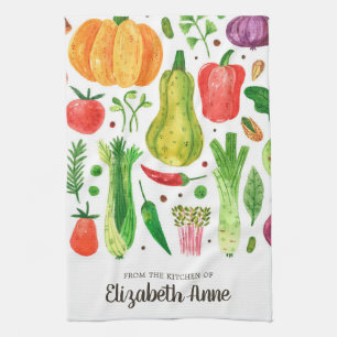 Modern Watercolor Vegetables Veggies Script Name Geschirrtuch