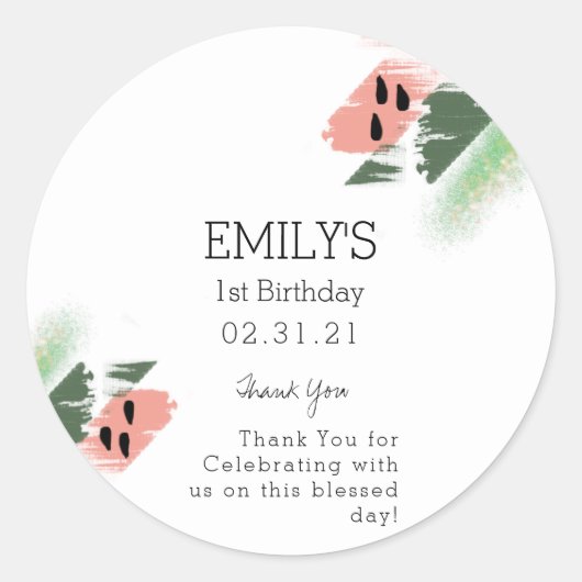 Modern Watermelone Painterly Brush Strokes Geburts Runder Aufkleber (Vorderseite)