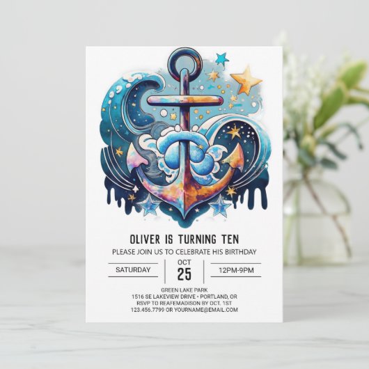 Modern Waves Anchor Birthday Einladung (Stehend Vorderseite)