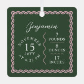 Modern Wavy Baby Name Script Birth Stats Foto Ornament Aus Metall (Vorderseite)