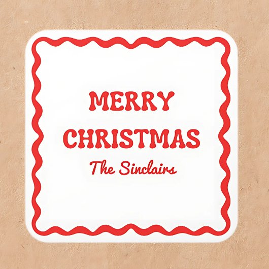 Modern Wavy Border Trendy Red Christmas Party Quadratischer Aufkleber