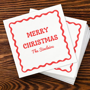 Modern Wavy Border Trendy Red Christmas Party Serviette