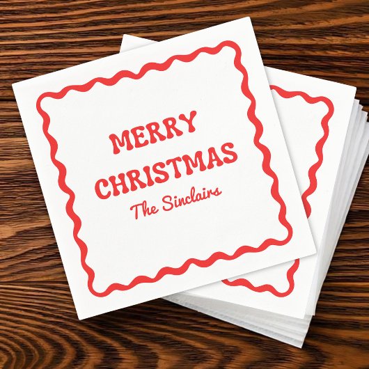 Modern Wavy Border Trendy Red Christmas Party Serviette