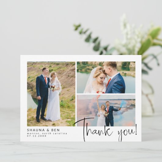 Modern Wedding 3 Foto Collage Vielen Dank Dankeskarte (Stehend Vorderseite)