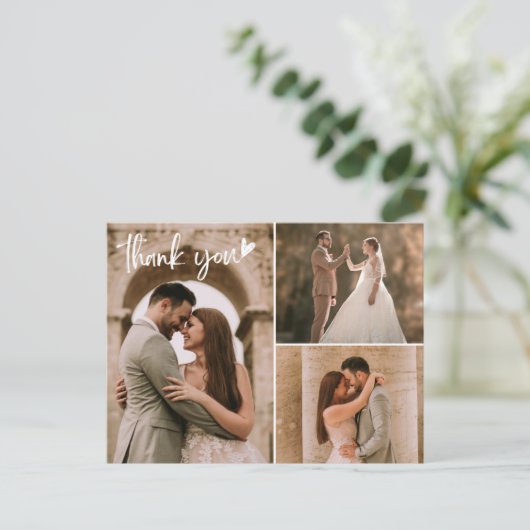 Modern Wedding 3 Foto Collage Vielen Dank Postkarte (Stehend Vorderseite)