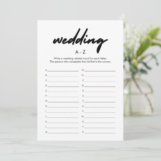 Modern Wedding A-Z Brautparty Game Card Einladung (Stehend Vorderseite)