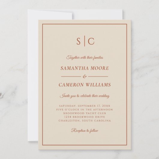 Modern Wedding Classic Monogram Terracotta Einladung (Vorderseite)