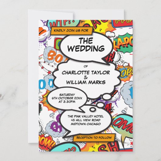 Modern Wedding Colorful Typografisches Comic Book Einladung (Vorderseite)