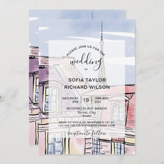 Modern Wedding Destination Paris Eiffel Tower Invi Einladung (Vorne/Hinten)