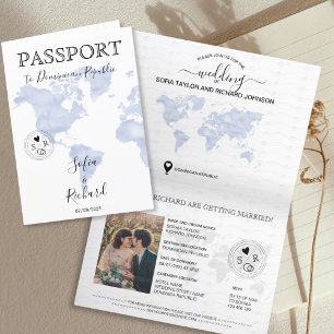 Modern Wedding Destination Passport Blue World Map Einladung