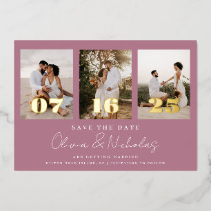 Modern Wedding Foto Collage Mauve Save the Date Folieneinladung