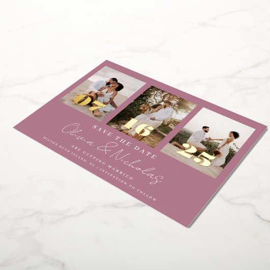 Modern Wedding Foto Collage Mauve Save the Date Folieneinladung (Gedreht)